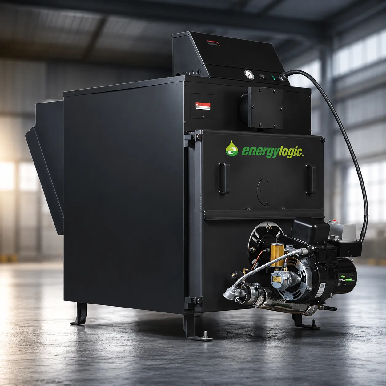 EnergyLogic waste oil boiler in a shop