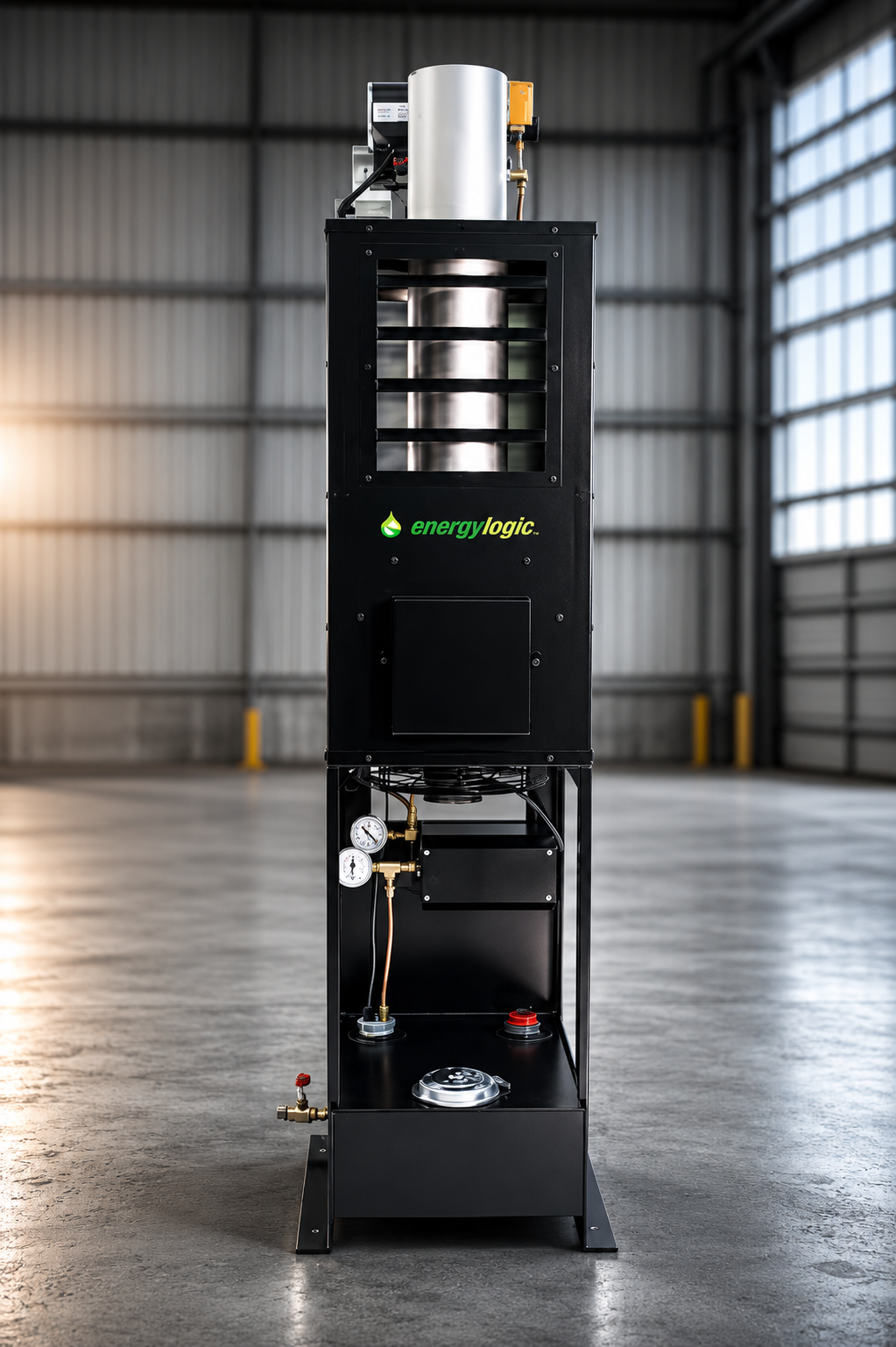 EnergyLogic EL-75H waste oil heater — vertical floor-standing unit