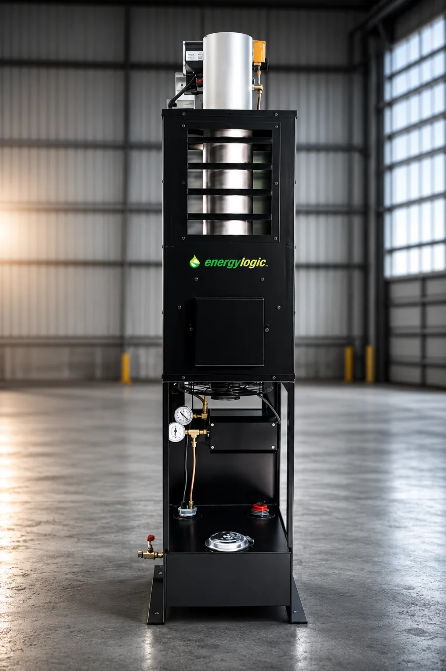EnergyLogic EL-75H waste oil heater — vertical floor-standing unit