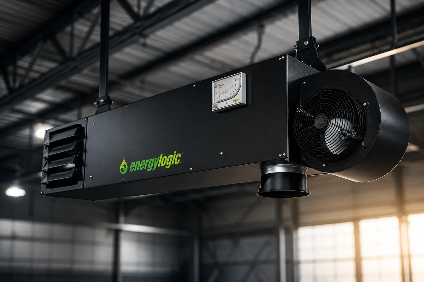 EnergyLogic ceiling-mounted waste oil furnace heating a workshop
