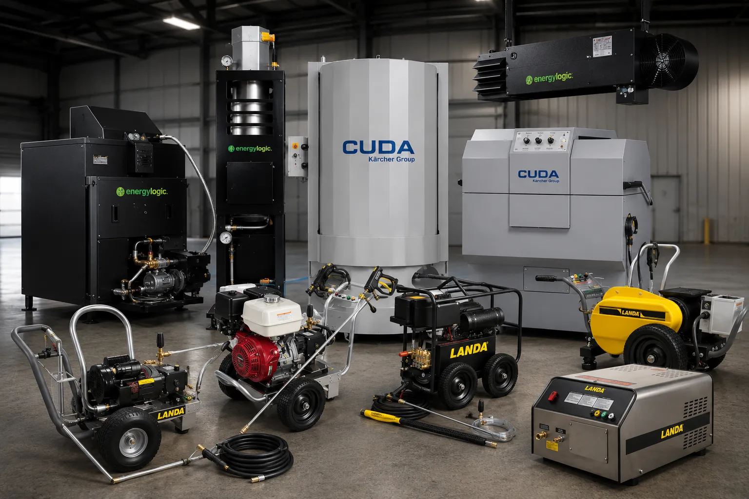 Atlantic Chemex product lineup — EnergyLogic waste oil furnace and boiler, Cuda parts washers and Landa pressure washers