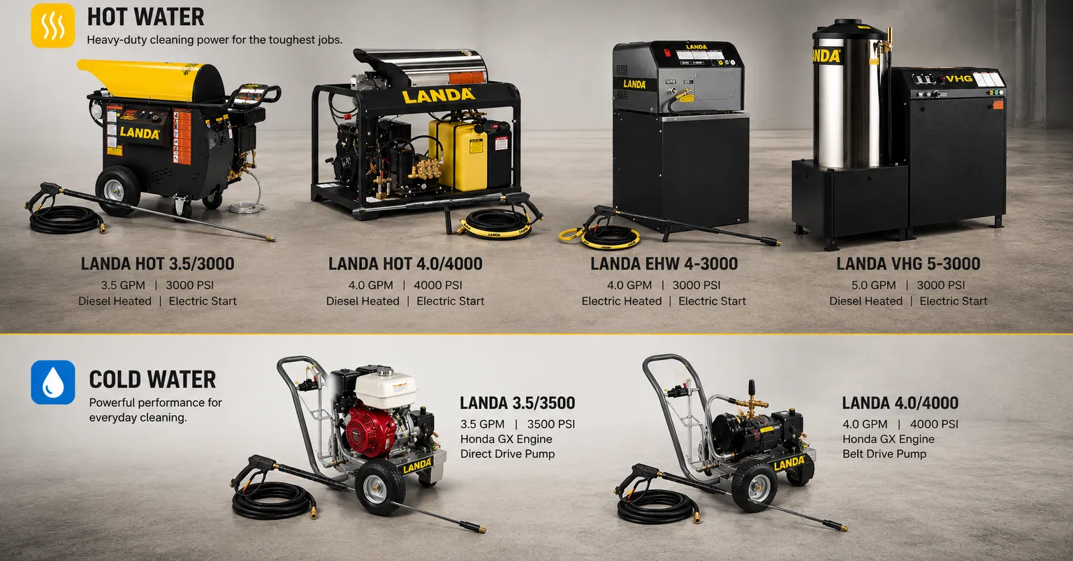 Atlantic Chemex rental fleet — Landa hot and cold water pressure washers with specs