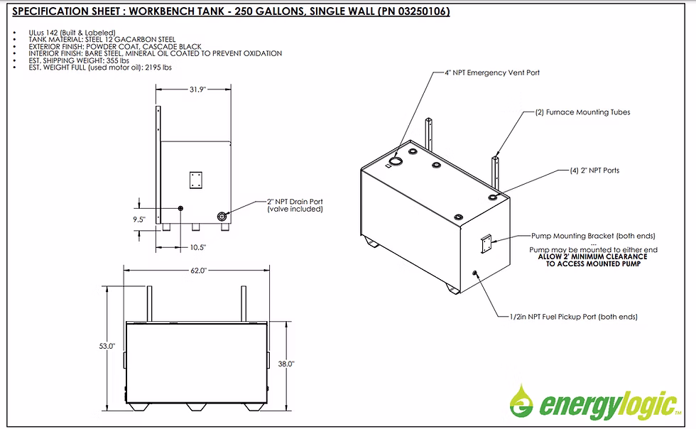 EnergyLogic 250-gallon single-wall workbench tank specification drawing